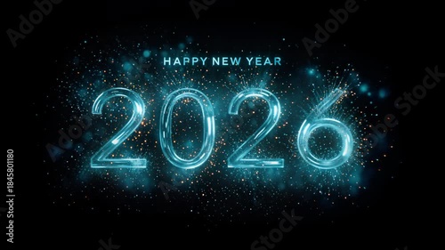Happy New Year 2026 3D animation, beautiful glass digits with elegant stroke animation explode with glowing particles and smoke, reveal from black background one by one, blue and orange sparks.