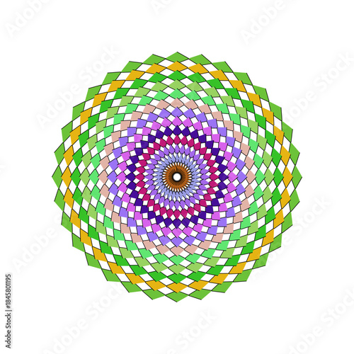 Colorful Geometric Mandala with Swirling Diamond Pattern on White Background