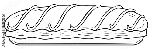 Black and white illustration of a traditional long pastry with decorative icing swirls