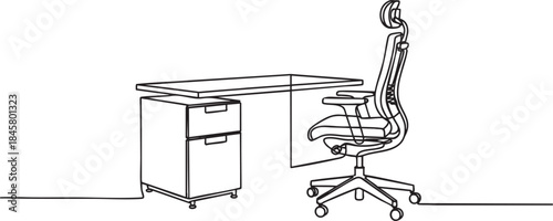continuous line drawing of an office workspace with a desk and ergonomic chair in a clean modern outline, vector illustration
