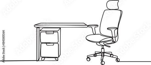 continuous line drawing of an office workspace with a desk and ergonomic chair in a clean modern outline, vector illustration