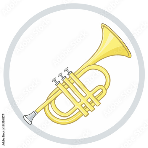 Stylized golden trumpet graphic in light gray circle, musical instrument illustration with cartoonish flair.