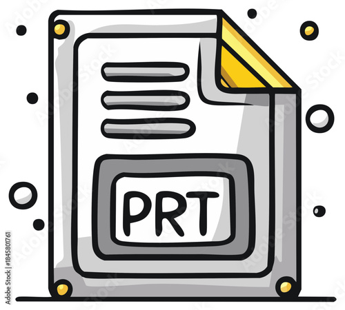 Graphic Rendering of File Format Icon Displaying PRT, with Rounded Lines and Yellow Page Curl Accent