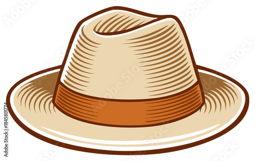 Retro fedora hat illustration with a brown band and detailed engraving