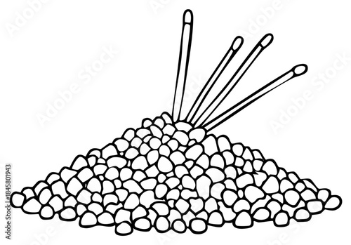 Black and white illustration of pebble pile with matches