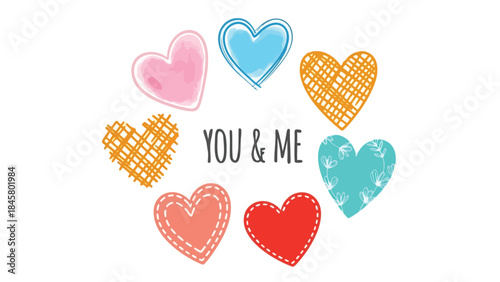 Colorful hearts with you me text on a white background for valentine's day or love themed designs