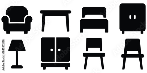 Home furniture silhouette set, Interior household icon collection, Living space furniture symbols
