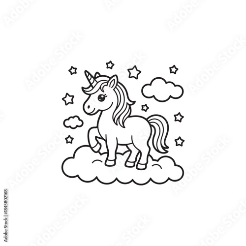 a charming illustration depicts a whimsical unicorn standing on a cloud surrounded by sparkling stars and fluffy clouds