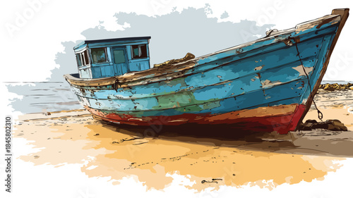 Boat on Beach Vector Outline Illustration for Designs and Projects