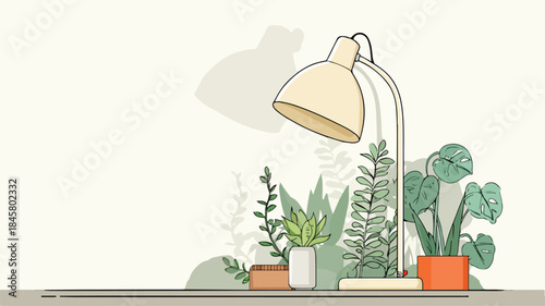 Modern Home Decor with Stylish Lamp and Green Plants Illuminated by Light Vector Illustration
