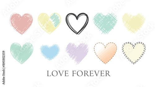 A collection of colorful hand drawn hearts with various textures and outlines on white background with love forever text