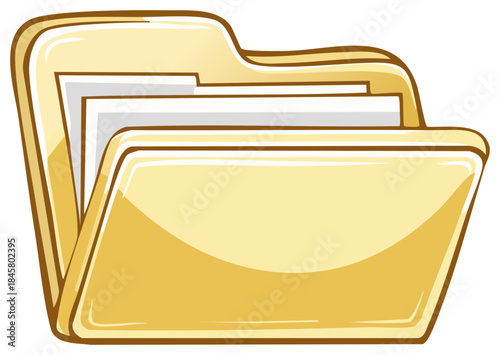 Illustration of an Open Yellow Folder Containing Documents for File Management and Data Organization