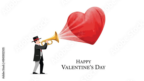 Man in top hat plays trumpet blowing large red heart for valentines day