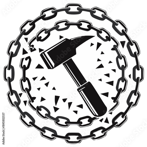 Hammer Breaking Chains: Symbolic Vector Illustration Representing Freedom, Strength, and Resilience.