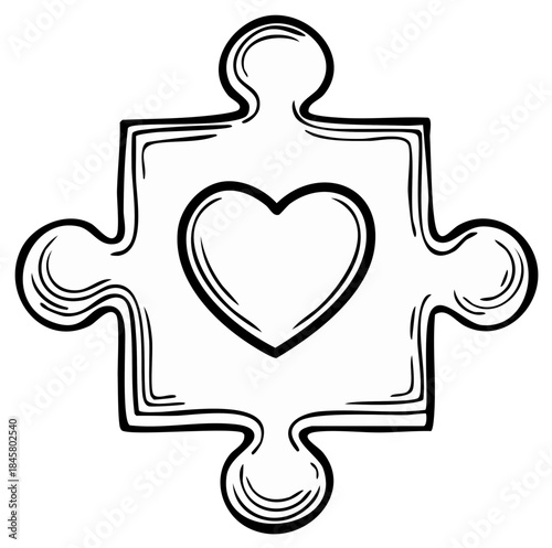 Hand drawn puzzle piece with a heart in the center conceptualizing love and connection