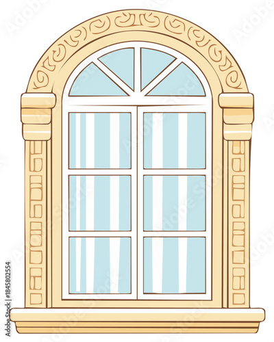 Arched stone window frame with decorative trim design and glass panes inside the architectural structure of building design