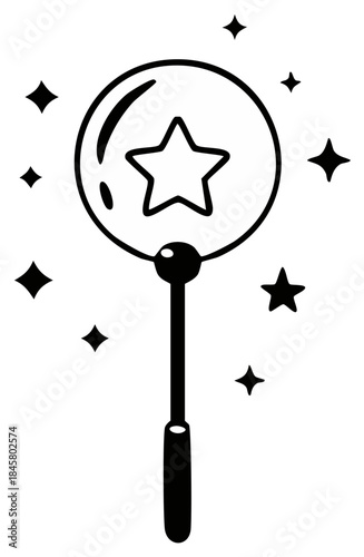 Charming black and white line art magic wand icon featuring a star and sparkling effects for fantasy and spells
