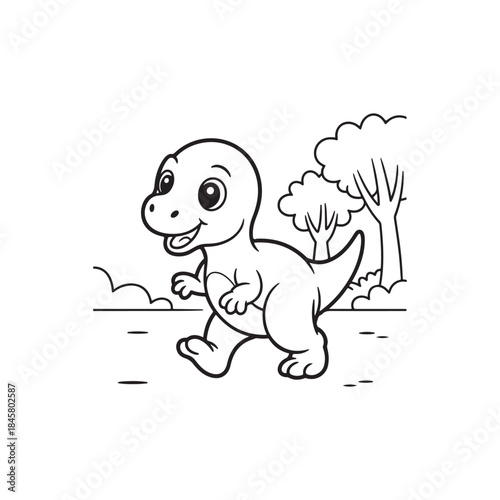 A charming cartoon illustration depicts a happy baby dinosaur walking playfully amongst simple trees and grassy terrain