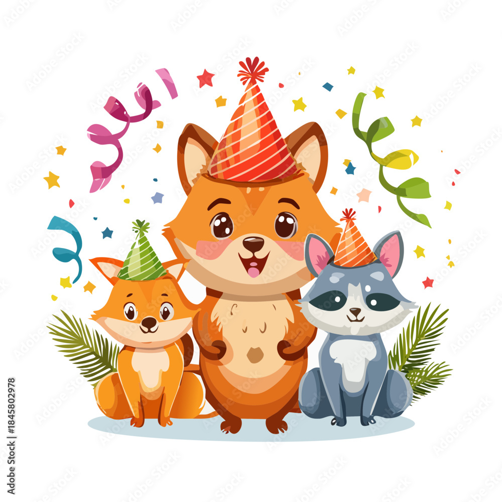 Fototapeta premium Cute Animal Birthday Party Illustration — Happy Forest Animals with Balloons, Confetti, and Hats, Flat Cartoon Vector Collection