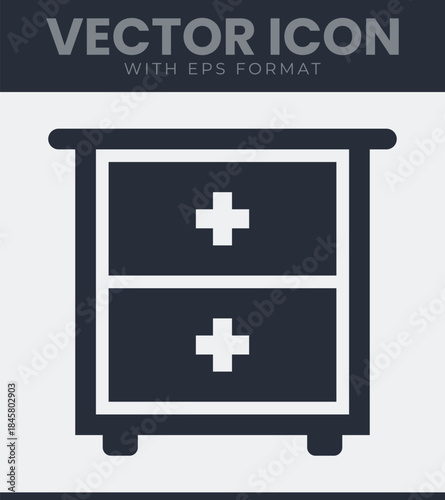 Medical cabinet filled icon with drawers furniture storage, health, clinic, hospital, pharmacy, bedside, organization, equipment, solid vector symbol illustration