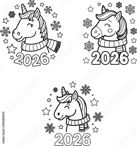 Cute Unicorn Winter 2026 Line Art Collection