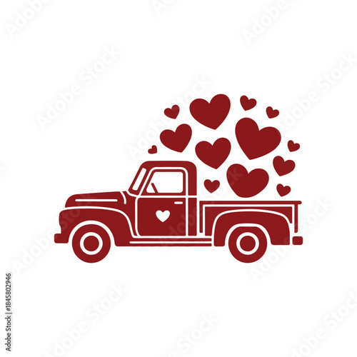 A charming retro red pickup truck illustration is surrounded by a flurry of vibrant red heart shapes creating a romantic scene