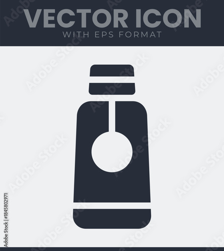 Minimalist bottle with distinct cap for various liquid products filled icon. Container, packaging, dispenser, essence, chemistry, laboratory and more. Solid vector symbol illustration