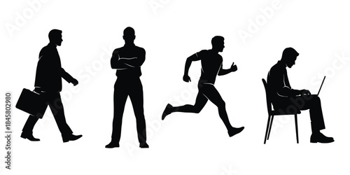 Silhouettes of people in various professional and fitness activities