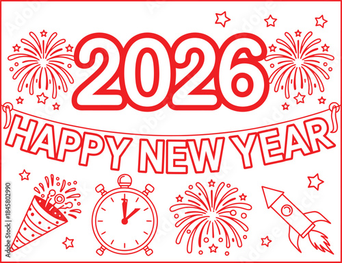 Happy New Year 2026 Celebration with Fireworks and Party Elements
