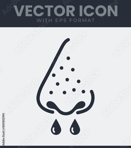 Skin pores indicating illness or allergy symptoms nose minimalist icon, runny, drip, fluid, cold, flu, sickness, health, medical, disease, line art vector symbol illustration