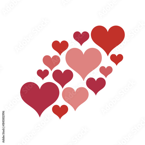 An assortment of vividly colored hearts in various shades of red and pink forming a playful arrangement