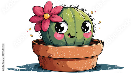 Cheerful Smiling Cactus with Flower in Cute Cartoon Style Vector Illustration
