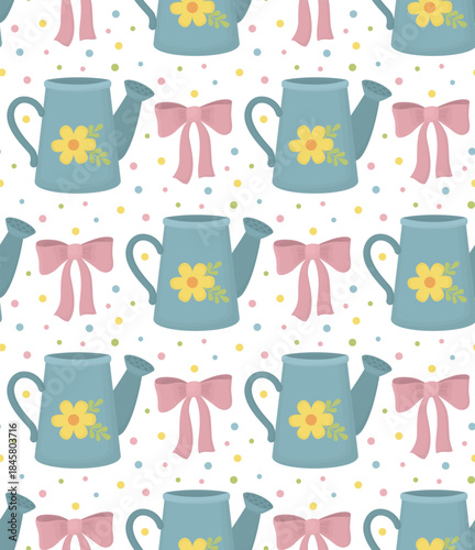 Seamless pattern with cute watering cans and charming bows. Spring background with garden elements in pastel colors