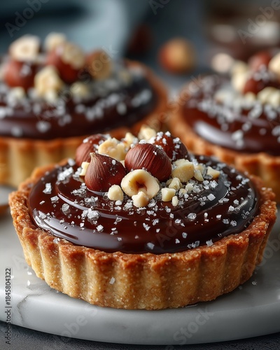 Vegan hazelnut chocolate mini tart on marble plate with chopped hazelnuts.