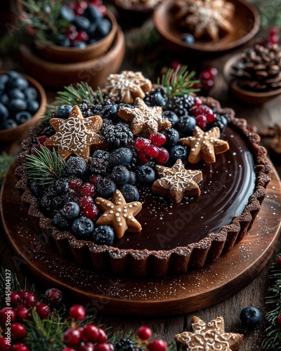 Chocolate cake with berries. Dark chocolate tart with gingerbread stars and pine branches Christmas styling.The background includes holiday elements such as berries, greenery, star-shaped cookies.