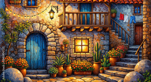 3D Rustic Stone Cottage Facade with Balcony, Flowers, and Warm Lights, Wall Decor, 3D Relief Wallpaper, 3D Mural Wallpaper, 3D Wall Mural Design