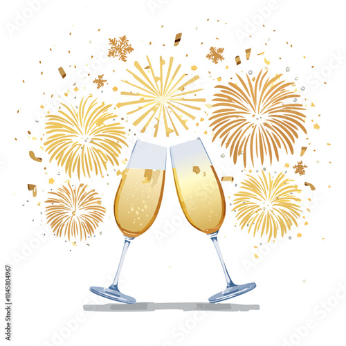 New Year Champagne Toast Illustration — Clinking Glasses with Fireworks, Flat Festive Vector Collection