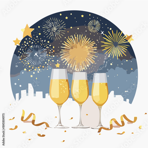 New Year Champagne Toast Illustration — Clinking Glasses with Fireworks, Flat Festive Vector Collection