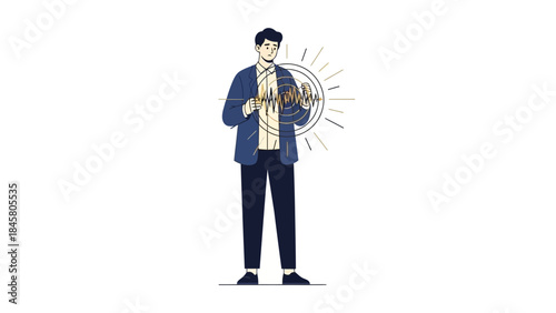 Illustration of a man experiencing chest pain or heart problems on white background