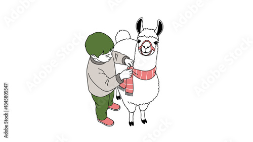 Illustration of a child putting a scarf on a llama against a white backdrop