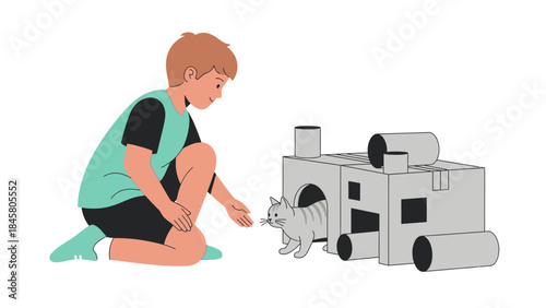 A Young Boy Interacting with a Cat and a Homemade Cardboard House Illustration
