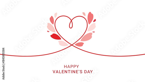 Valentine's day celebration with red heart and leaf design on white background