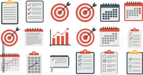 Business planning and organization icons, targets, checklists, calendars, and graphs