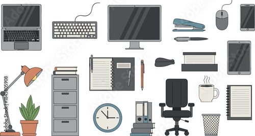 Office workspace essentials and supplies illustration
