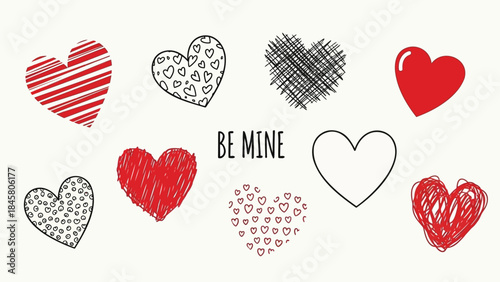 Hand drawn heart shapes in various styles and colors with be mine text on white background