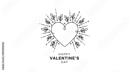 A black line art heart with leaves and text happy valentine's day on white background for love and romance celebration