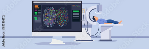 Illustration of a patient scan of the brain, with a large monitor displaying complex neural network data and brain activity, symbolizing neurology and medical diagnostics.