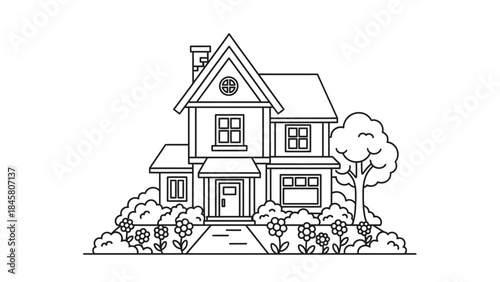 Charming Two-Story House Illustration with Garden and Landscaping in Black and White Outline