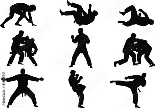 Set of black silhouettes of fighters performing various martial arts combat moves, including striking, grappling, and wrestling actions, isolated vector illustration collection.