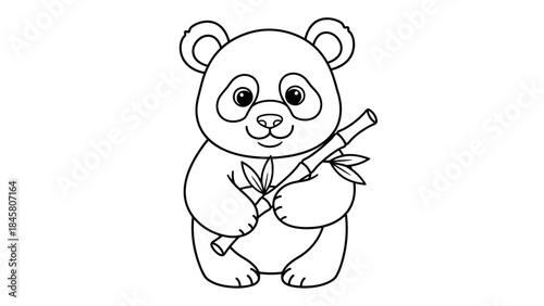 Adorable Panda Bear Holding Bamboo A Sweet Black and White Illustration for Kids